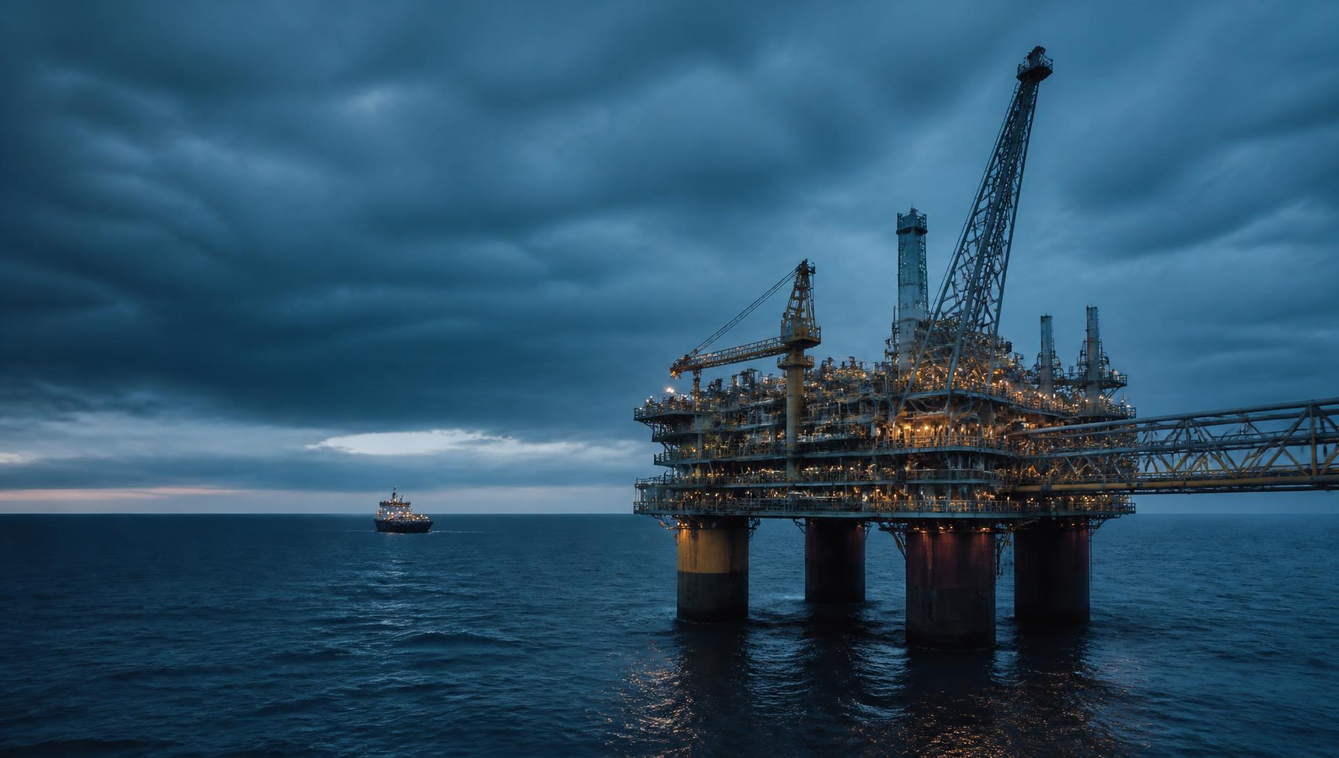 Offshore oil and gas production platform at blue hour