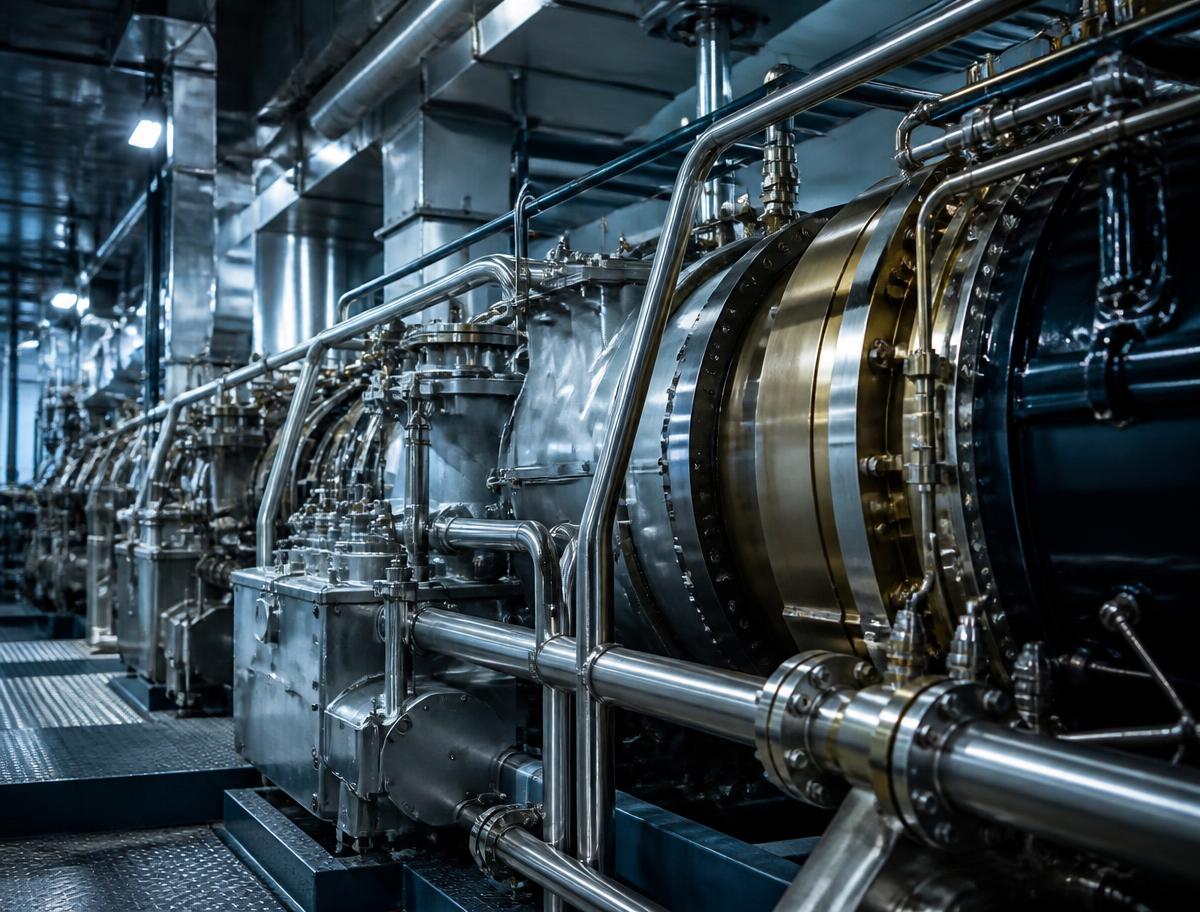 Ship engine room machinery and turbine piping
