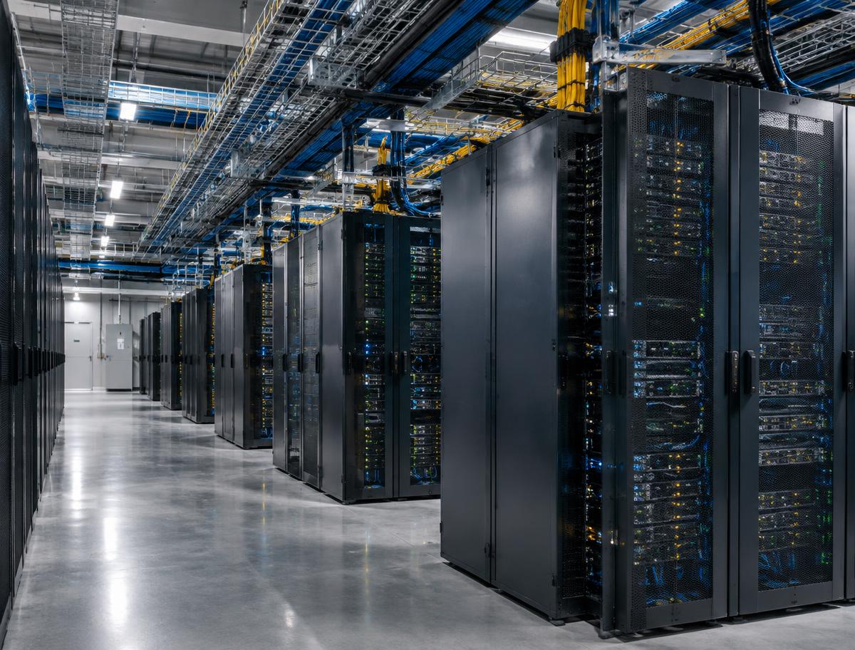 Modern data center server racks with overhead cable trays and integrated facility infrastructure